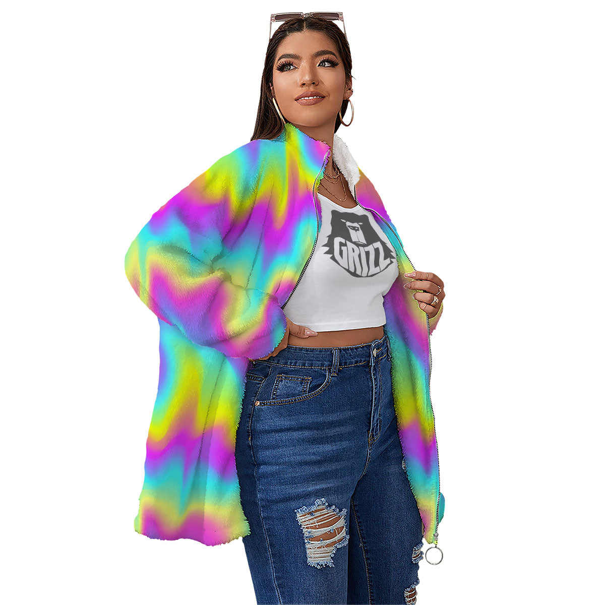 Flow Rainbow Print Pattern Women's Sherpa Jacket-grizzshop