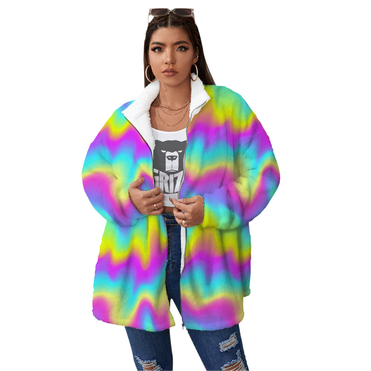 Flow Rainbow Print Pattern Women's Sherpa Jacket-grizzshop