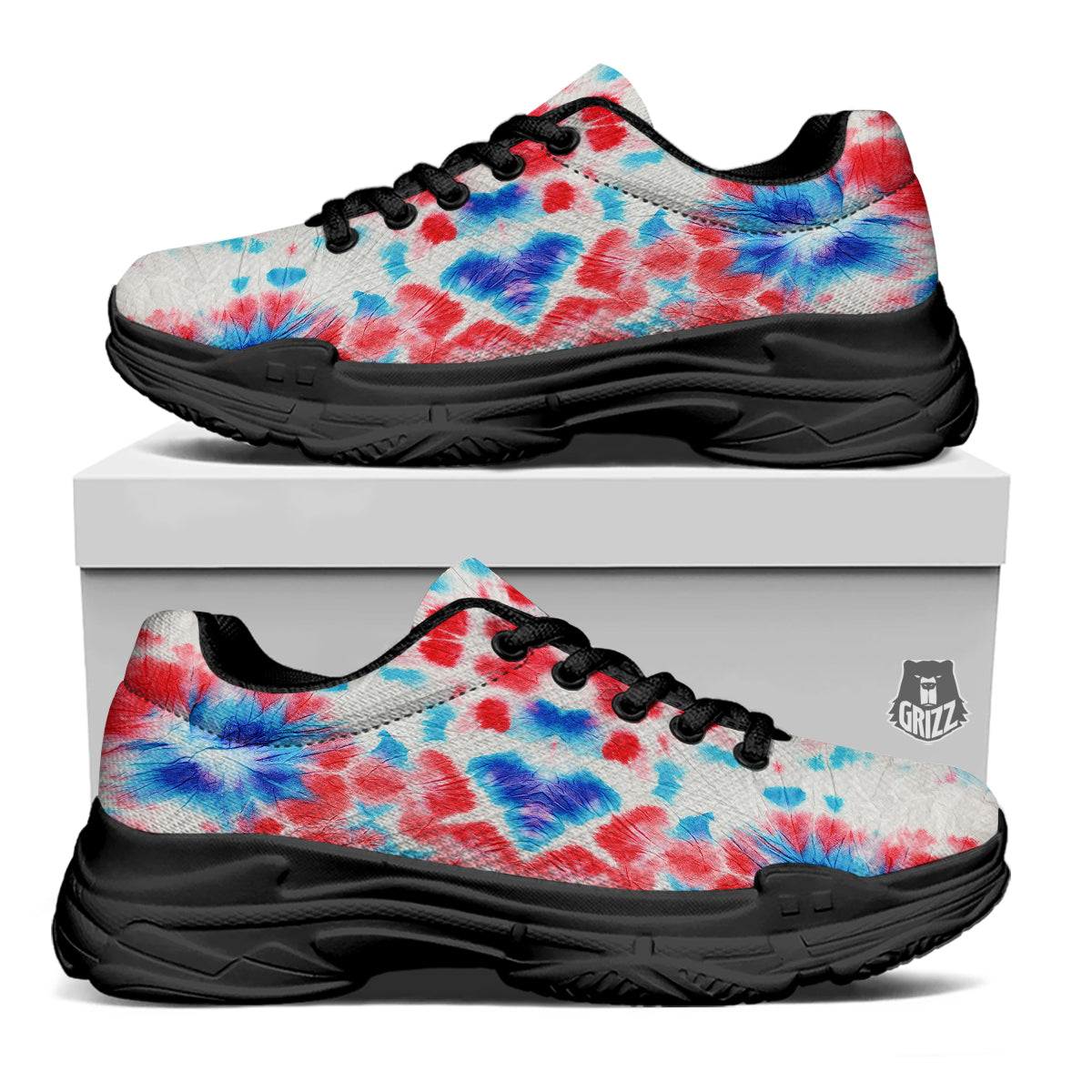 Flower Abstract Mark Red And Blue Print Black Chunky Shoes-grizzshop