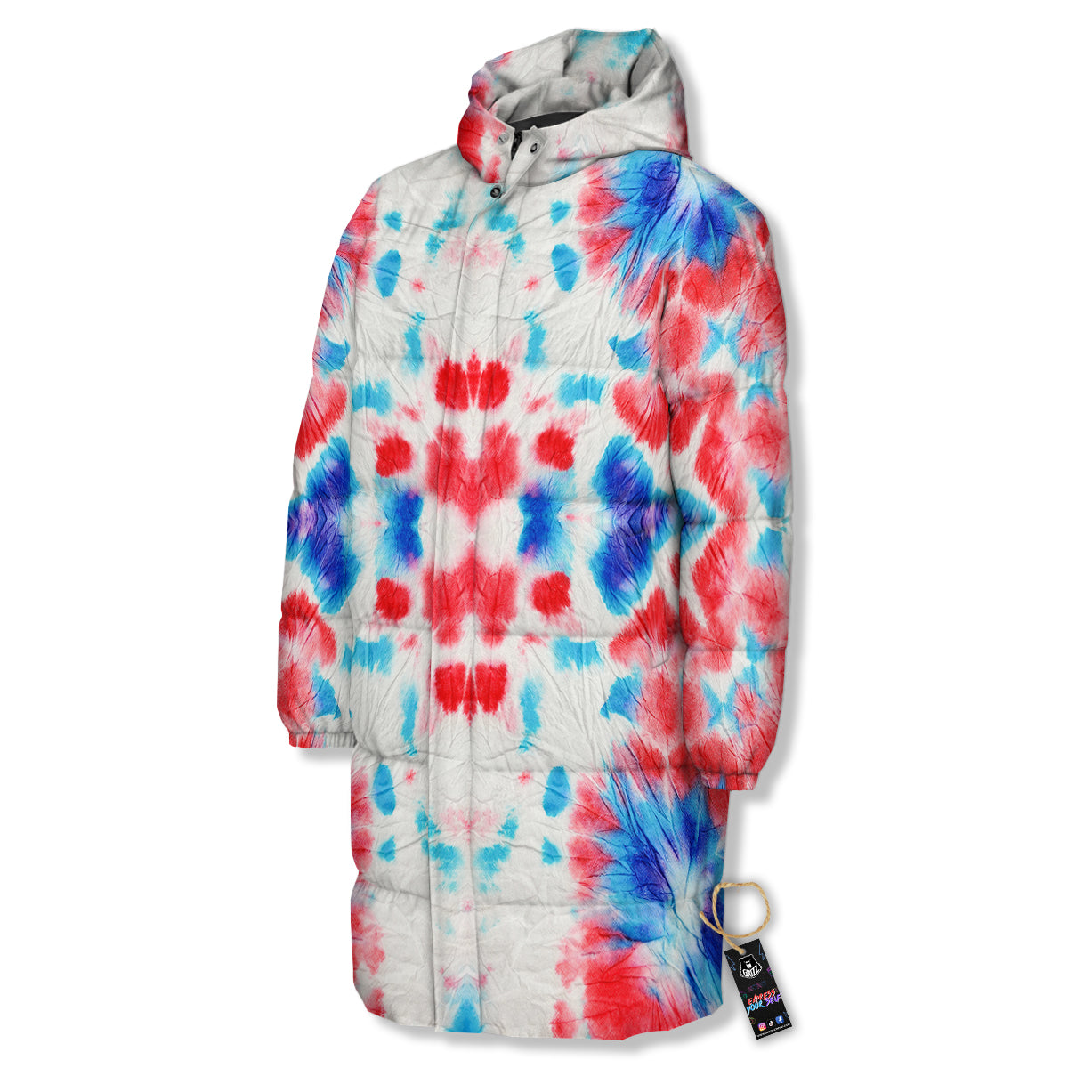 Flower Abstract Mark Red And Blue Print Long Down Jacket-grizzshop