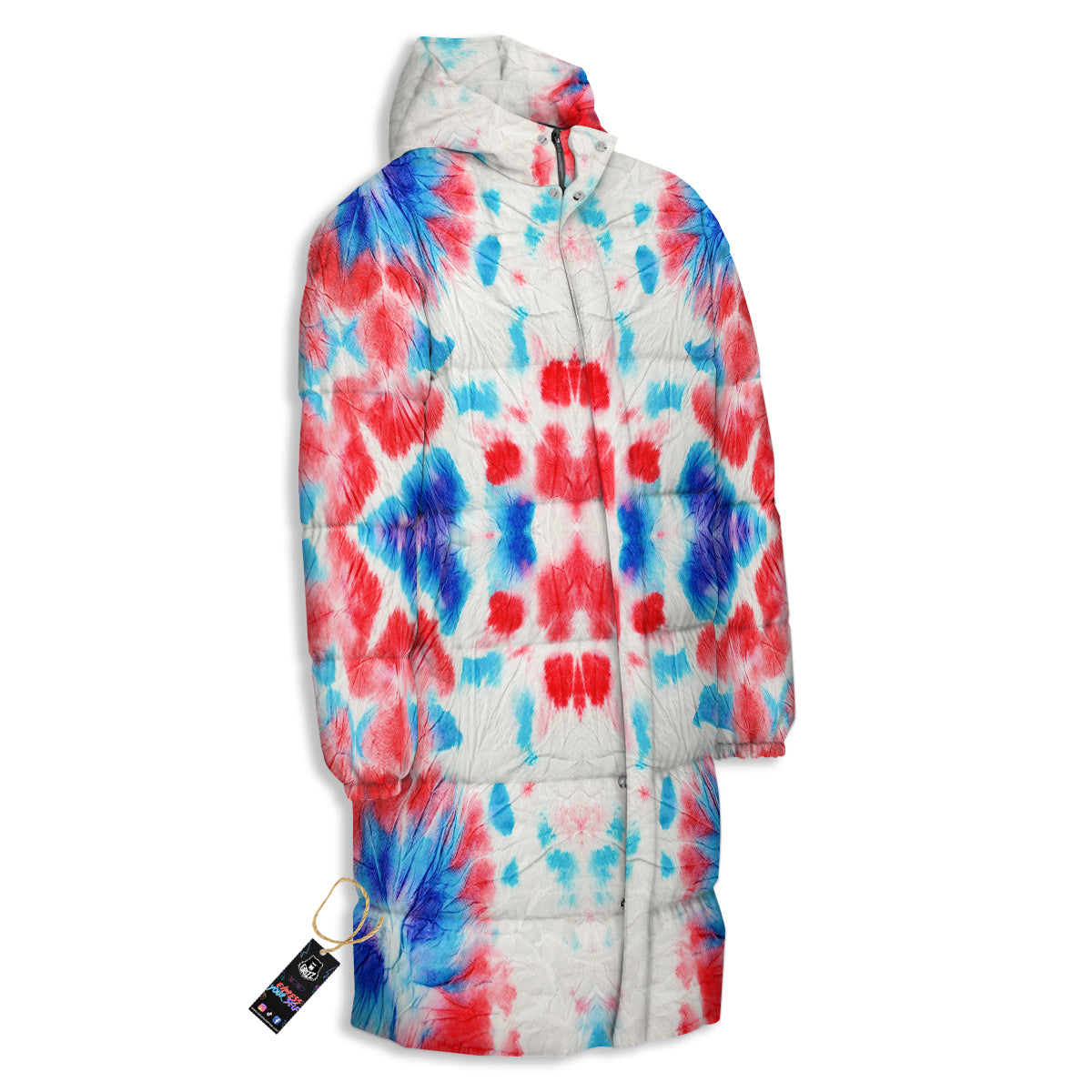 Flower Abstract Mark Red And Blue Print Long Down Jacket-grizzshop