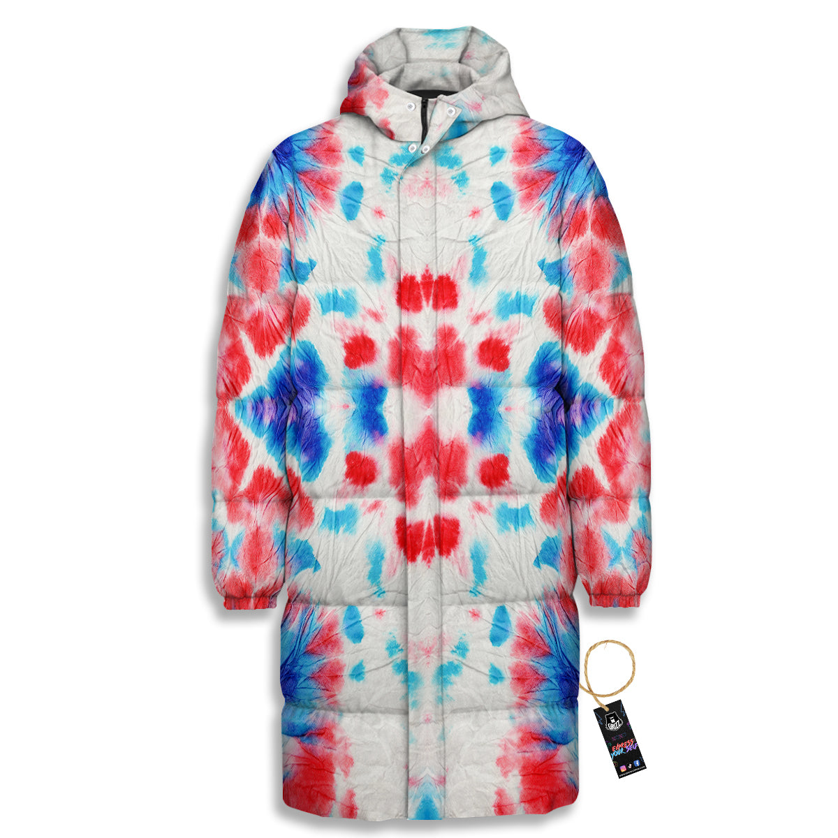 Flower Abstract Mark Red And Blue Print Long Down Jacket-grizzshop