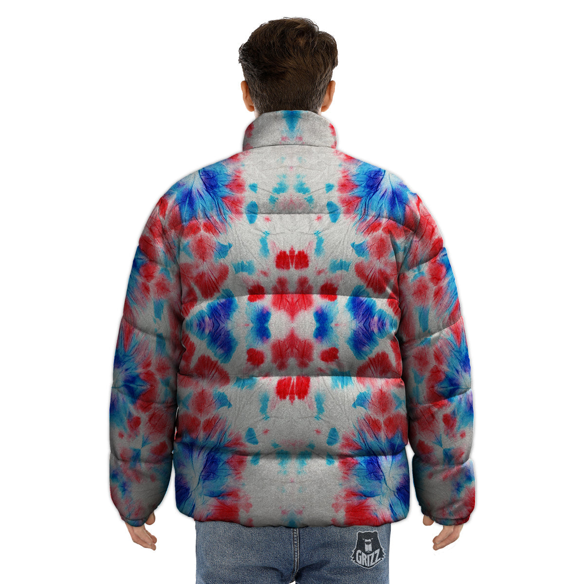 Flower Abstract Mark Red And Blue Print Puffer Jacket-grizzshop
