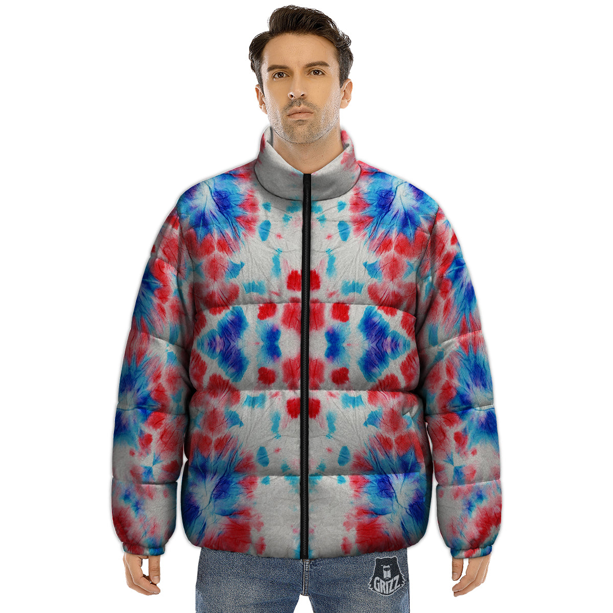 Flower Abstract Mark Red And Blue Print Puffer Jacket-grizzshop