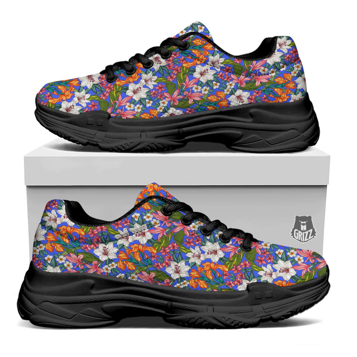 Flower Aloha Hawaiian Print Black Chunky Shoes-grizzshop