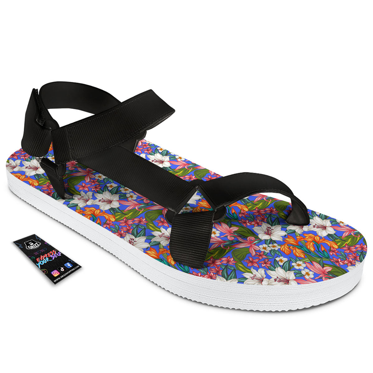 Flower Aloha Hawaiian Print Black Open Toe Sandals-grizzshop