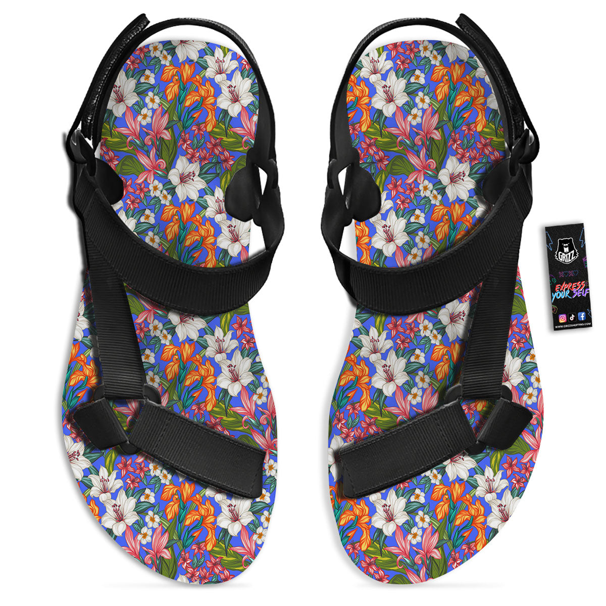 Flower Aloha Hawaiian Print Black Open Toe Sandals-grizzshop