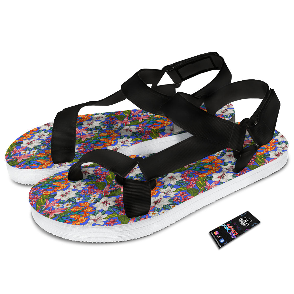 Flower Aloha Hawaiian Print Black Open Toe Sandals-grizzshop