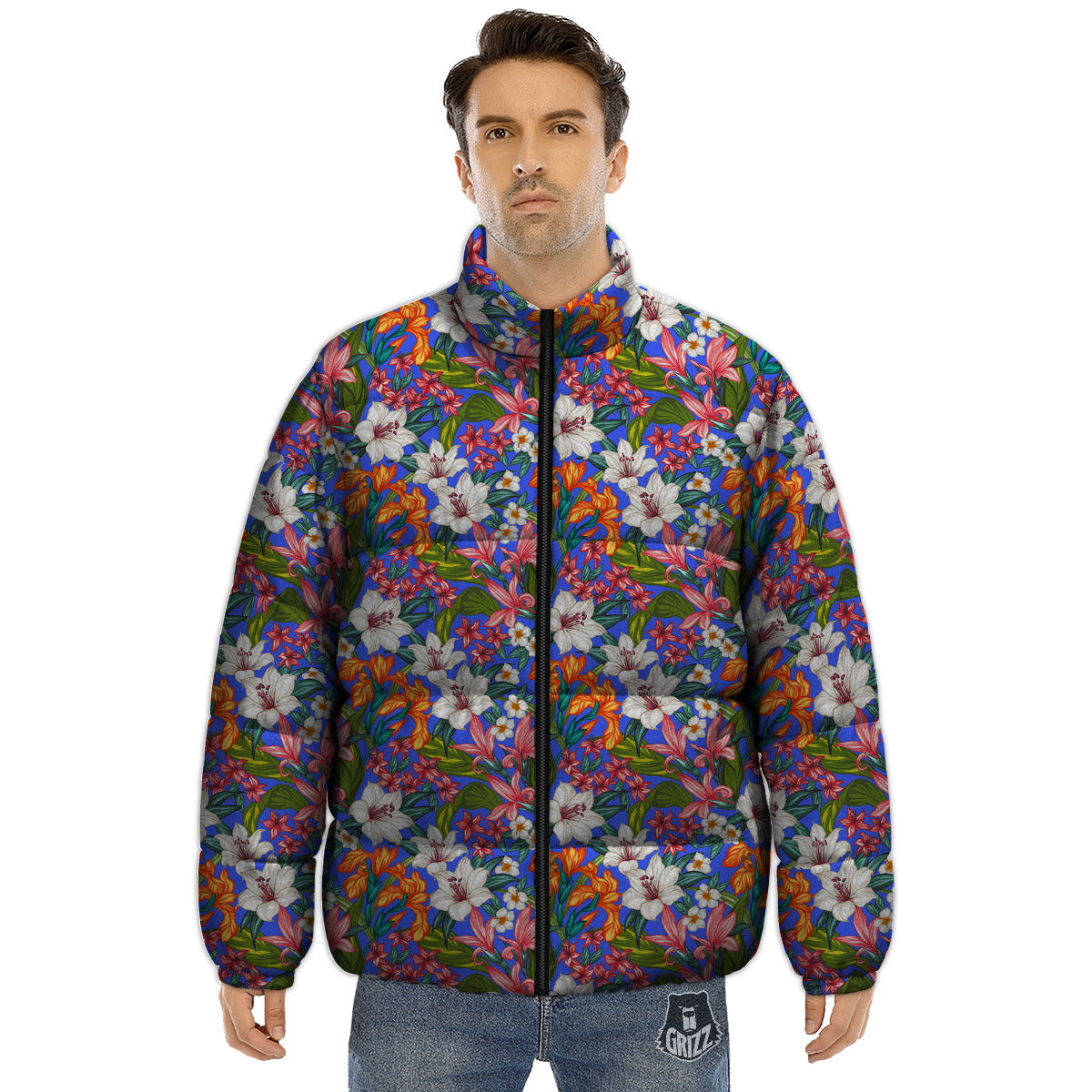 Flower Aloha Hawaiian Print Puffer Jacket-grizzshop