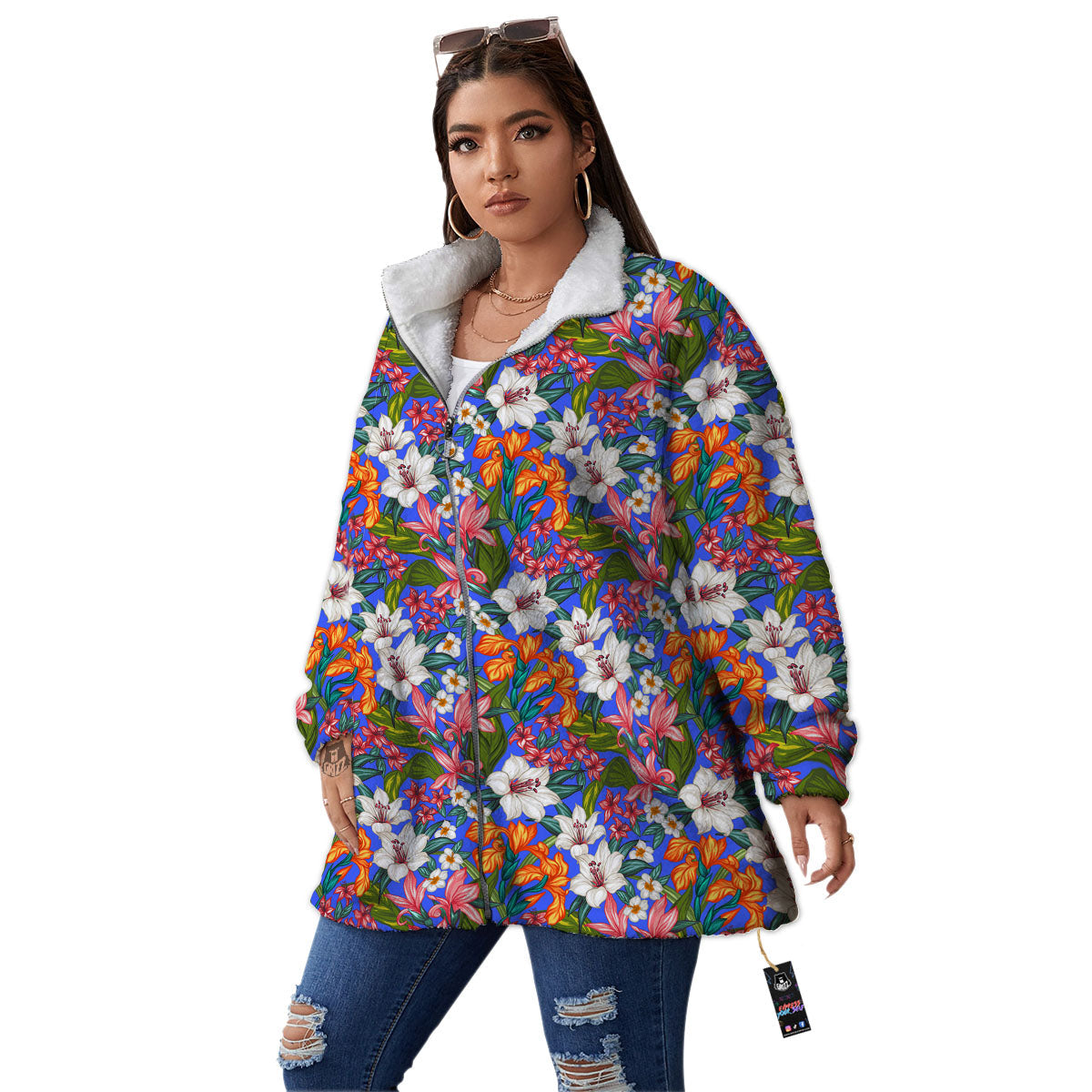 Flower Aloha Hawaiian Print Women's Sherpa Jacket-grizzshop