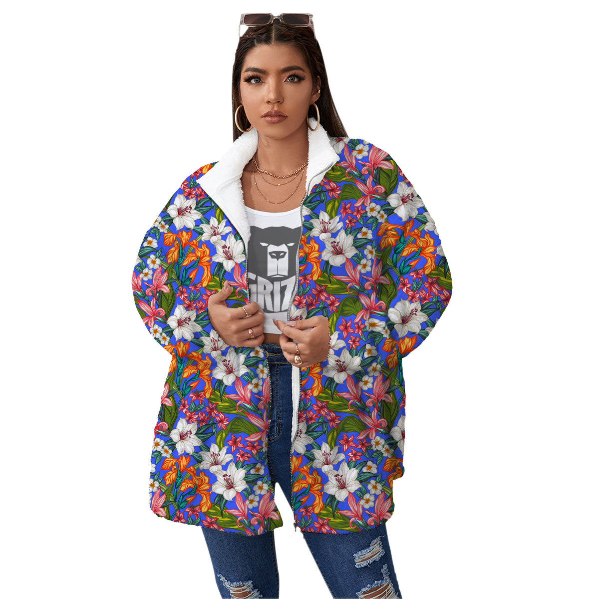 Flower Aloha Hawaiian Print Women's Sherpa Jacket-grizzshop