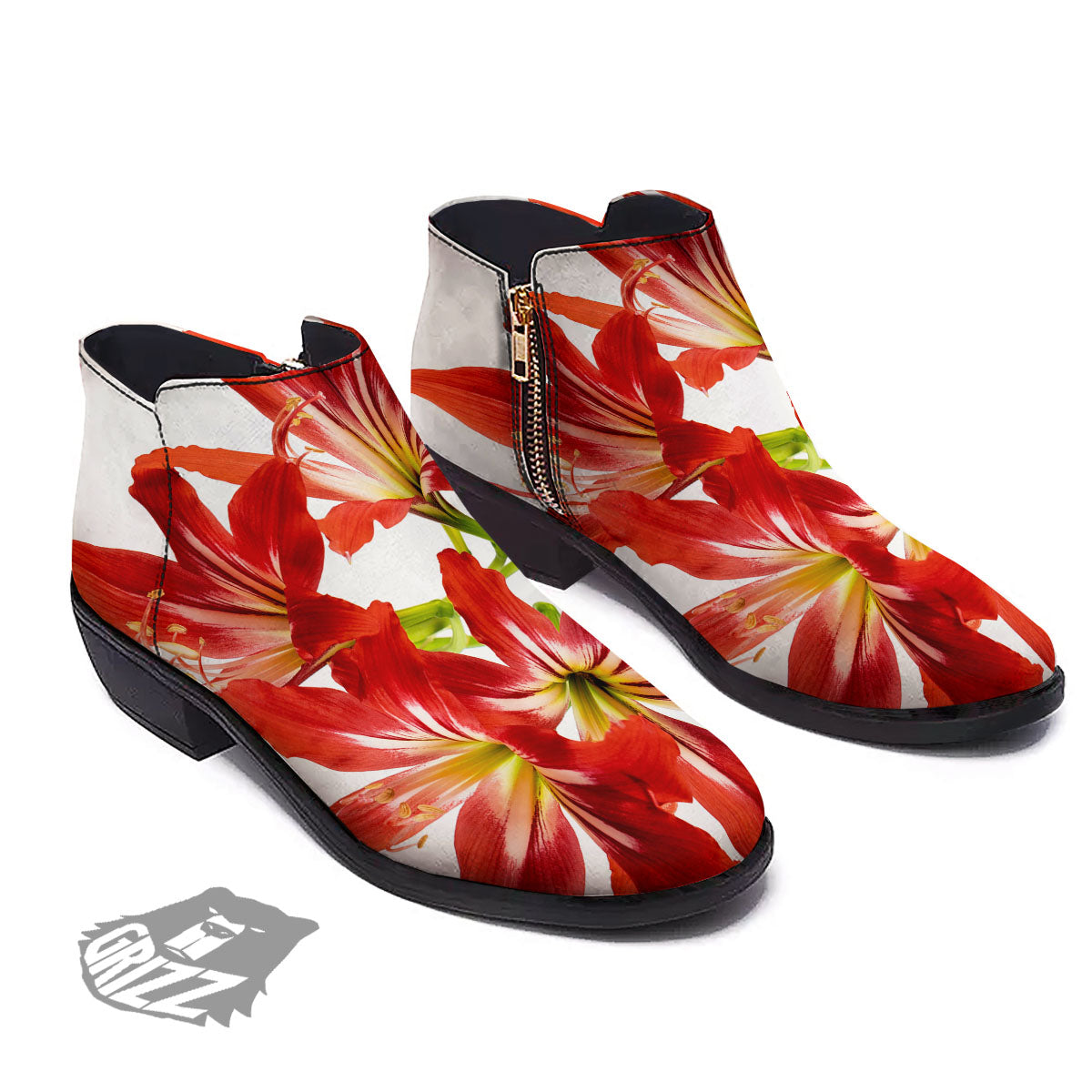 Flower Amaryllis Print Ankle Boots-grizzshop