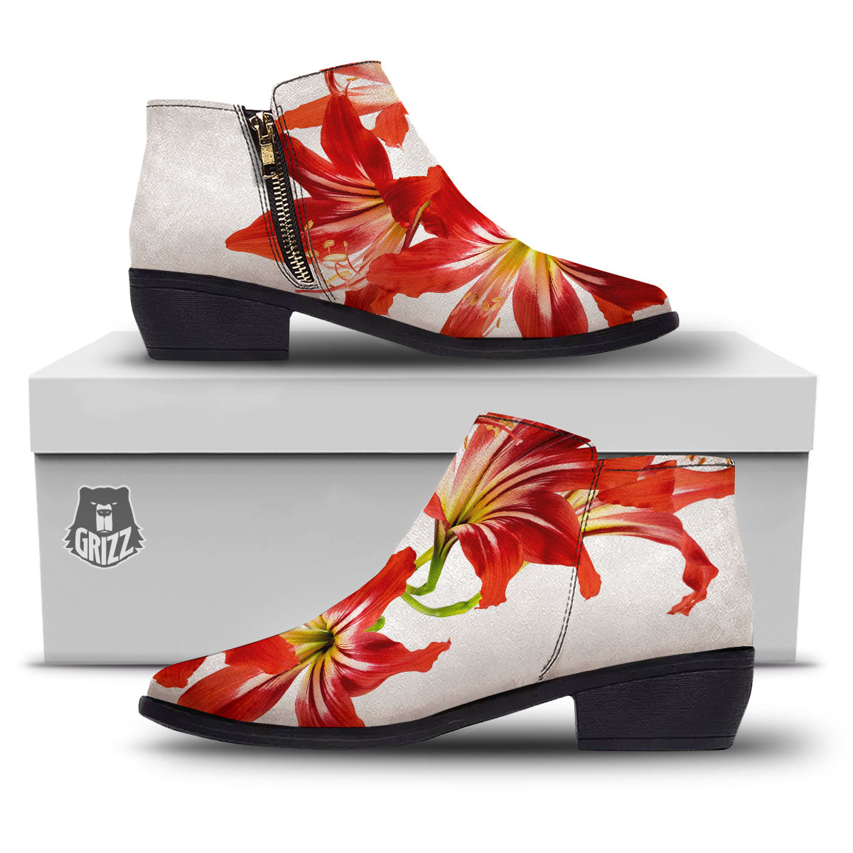 Flower Amaryllis Print Ankle Boots-grizzshop