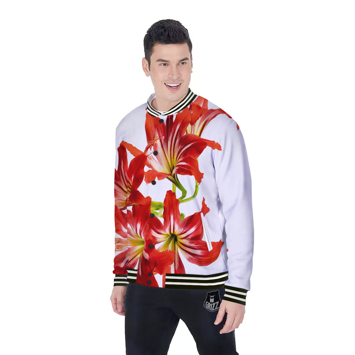 Flower Amaryllis Print Baseball Jacket-grizzshop