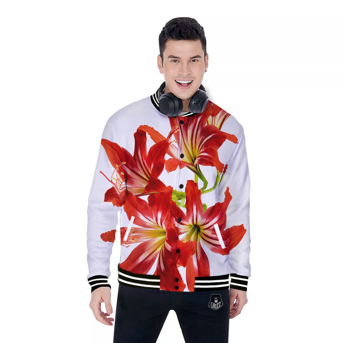 Flower Amaryllis Print Baseball Jacket-grizzshop
