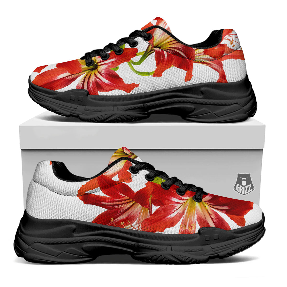 Flower Amaryllis Print Black Chunky Shoes-grizzshop