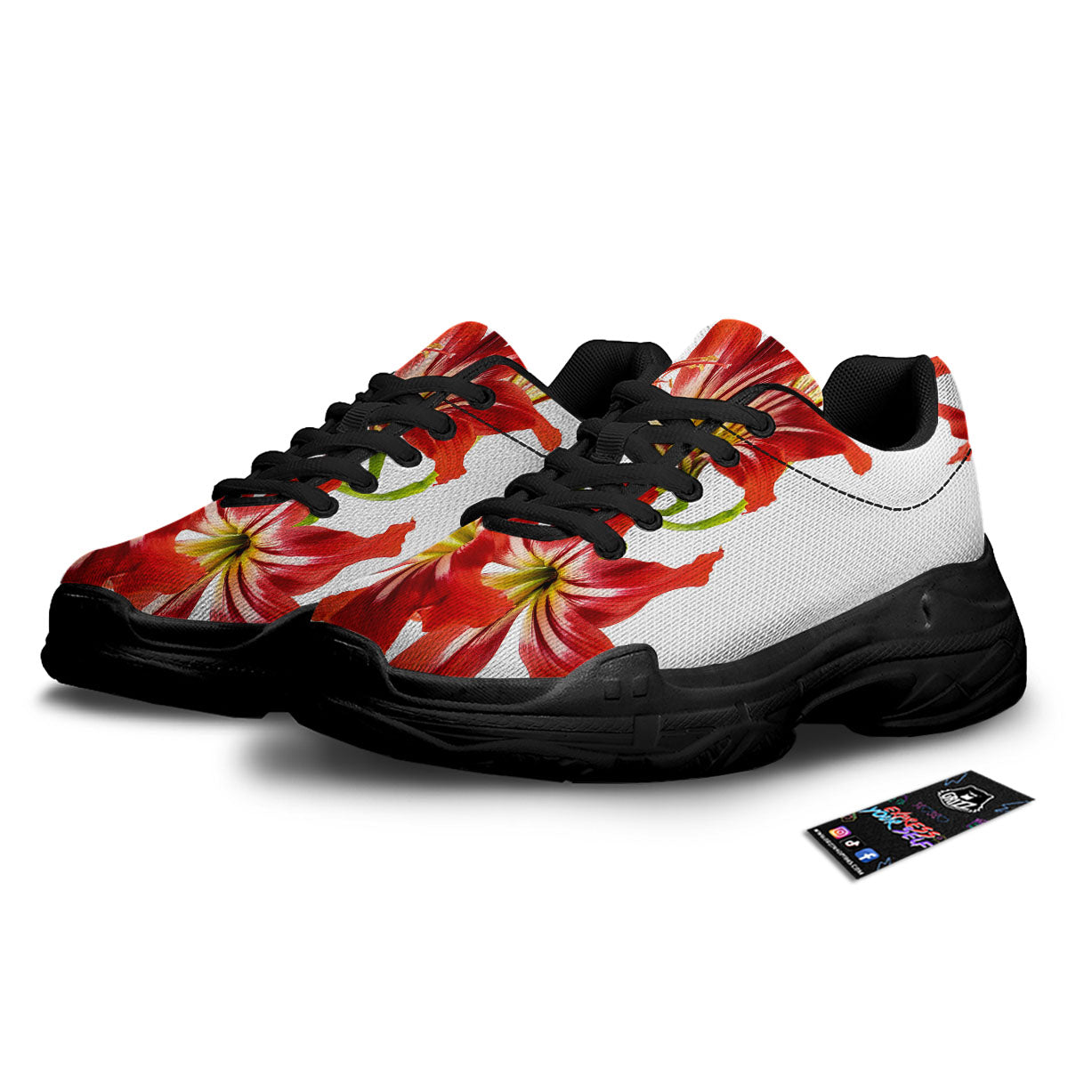 Flower Amaryllis Print Black Chunky Shoes-grizzshop