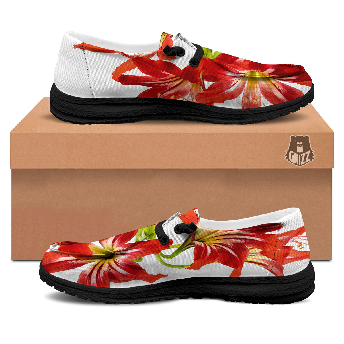 Flower Amaryllis Print Black Loafers-grizzshop