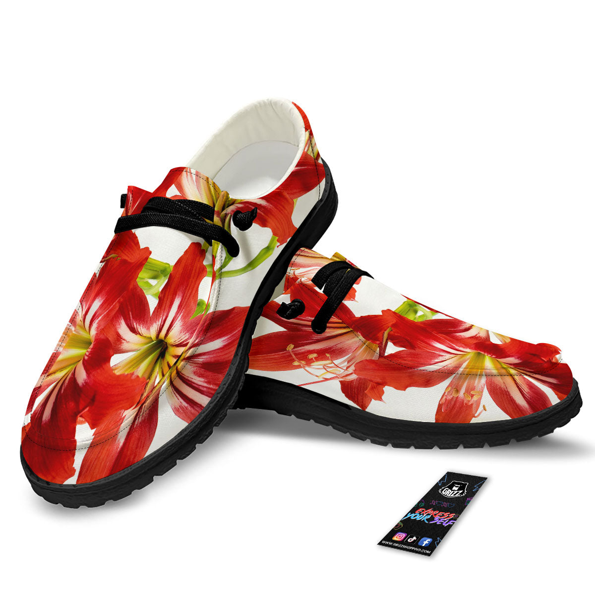 Flower Amaryllis Print Black Loafers-grizzshop