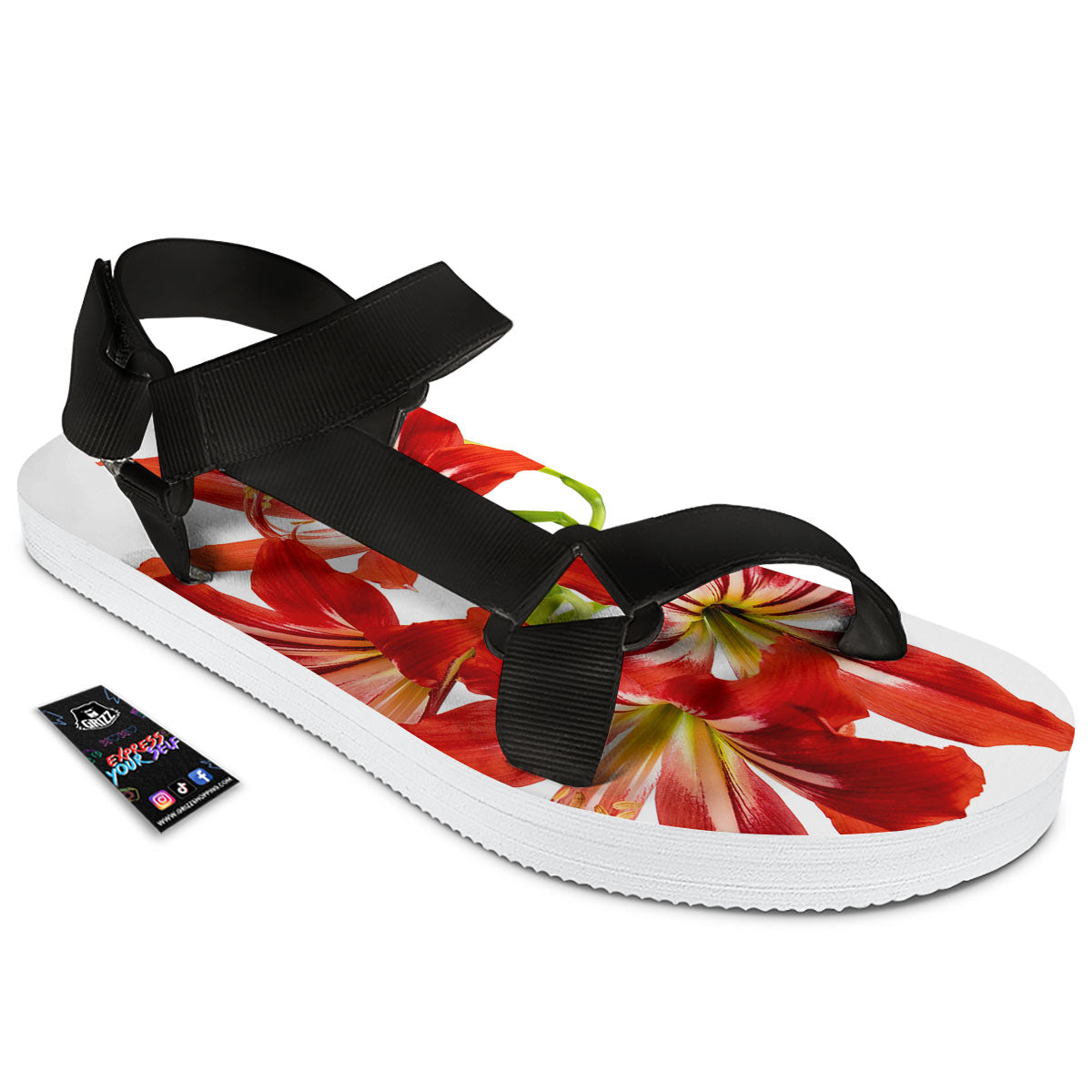 Flower Amaryllis Print Black Open Toe Sandals-grizzshop
