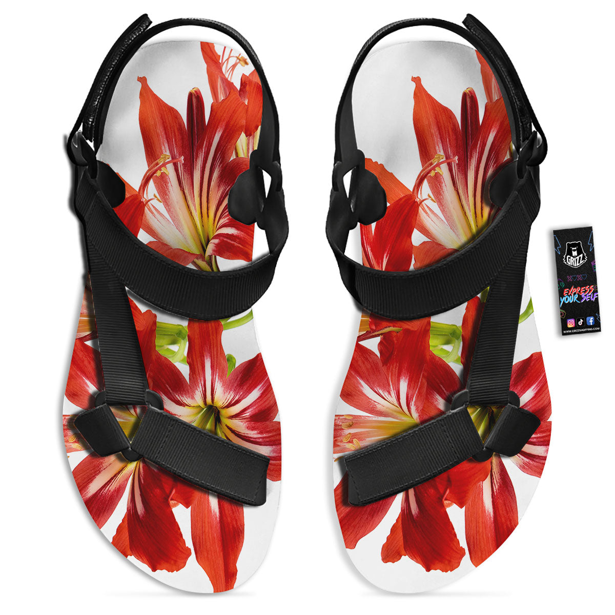 Flower Amaryllis Print Black Open Toe Sandals-grizzshop