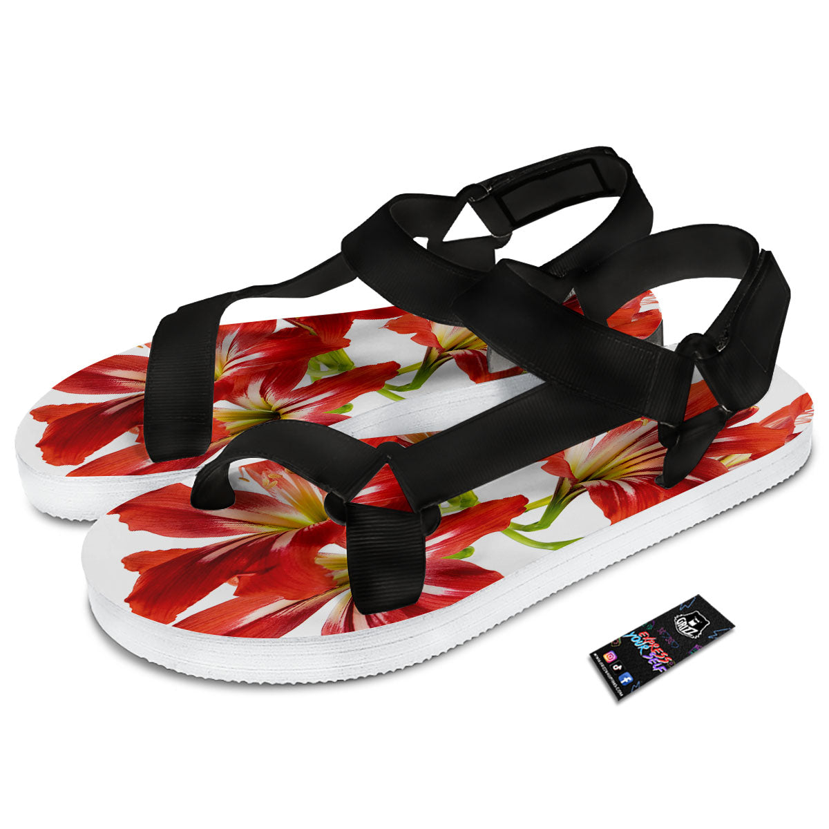 Flower Amaryllis Print Black Open Toe Sandals-grizzshop