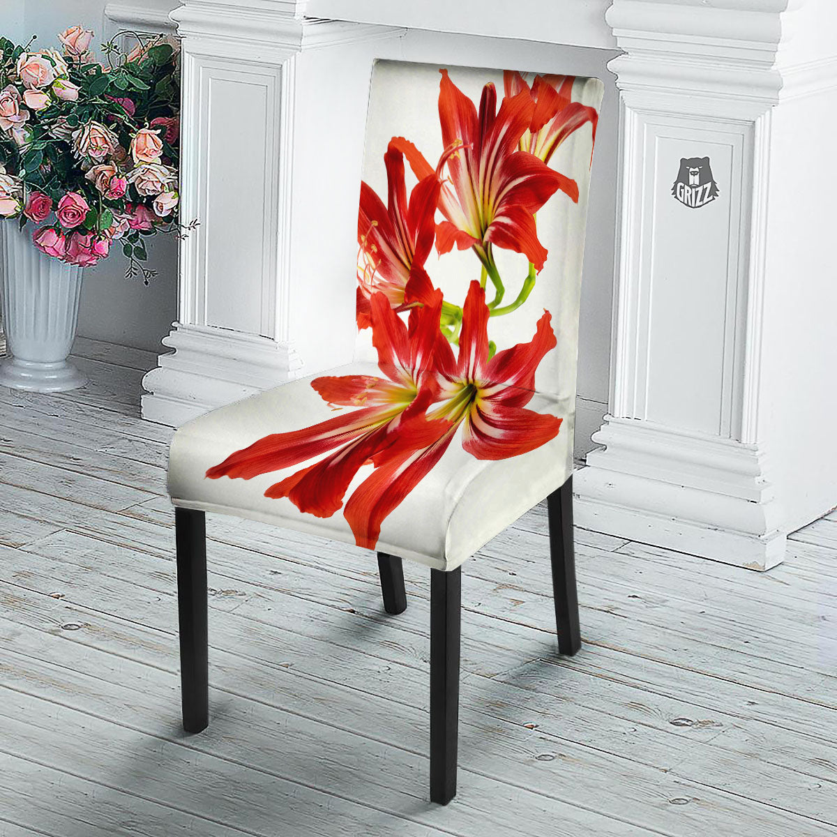 Flower Amaryllis Print Dining Chair Slipcover-grizzshop