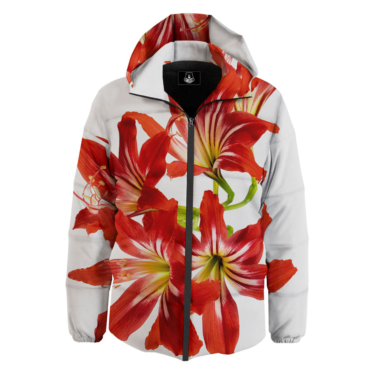 Flower Amaryllis Print Down Jacket-grizzshop