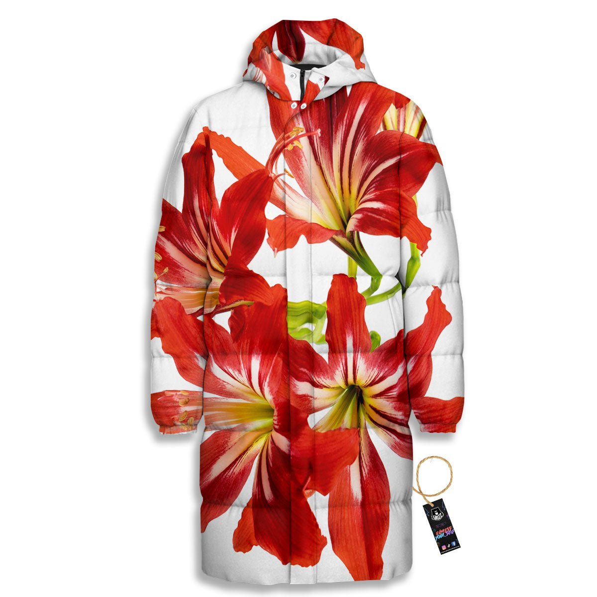 Flower Amaryllis Print Long Down Jacket-grizzshop