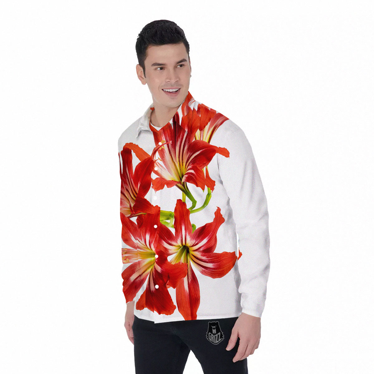 Flower Amaryllis Print Men's Long Sleeve Shirts-grizzshop