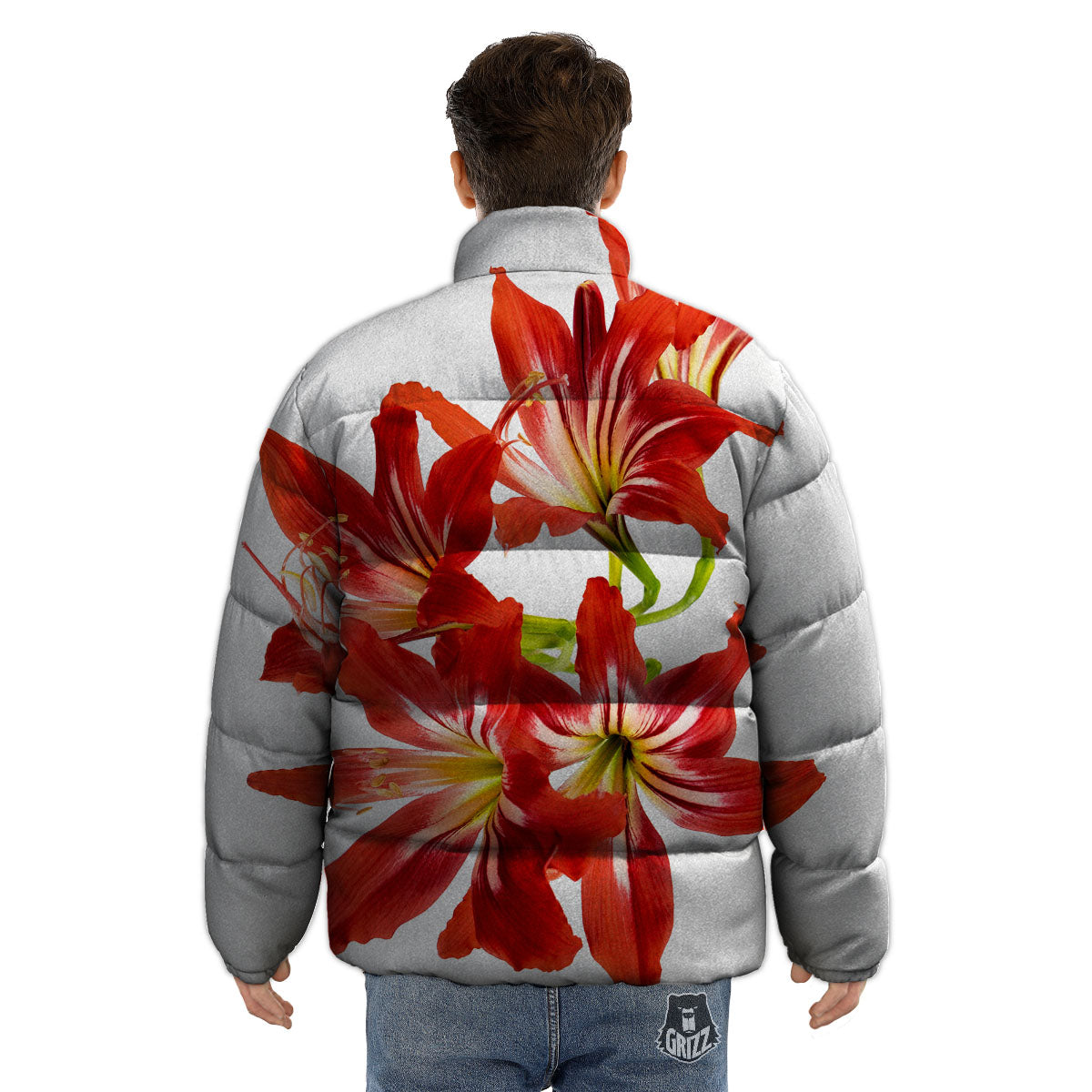 Flower Amaryllis Print Puffer Jacket-grizzshop