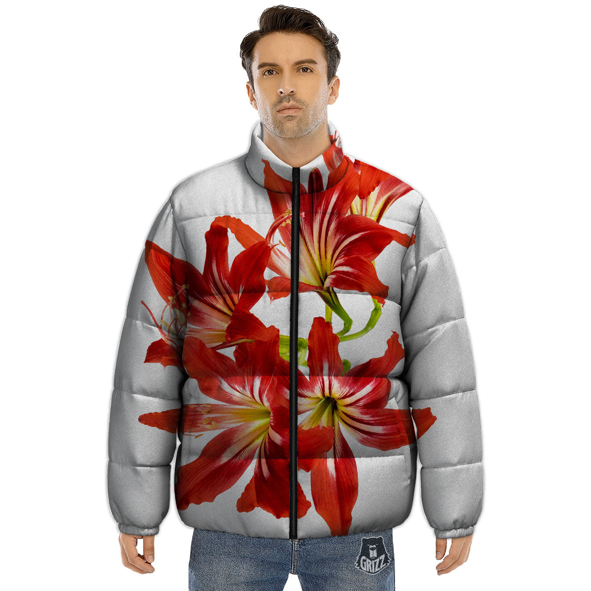 Flower Amaryllis Print Puffer Jacket-grizzshop