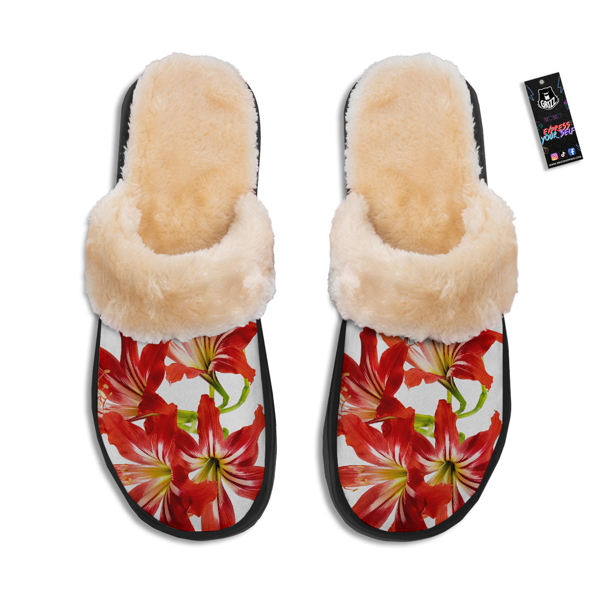 Flower Amaryllis Print Slippers-grizzshop