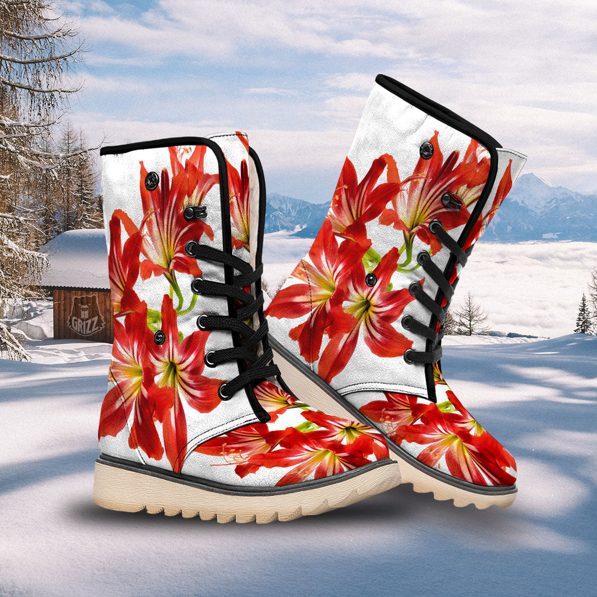 Flower Amaryllis Print Snow Boots-grizzshop