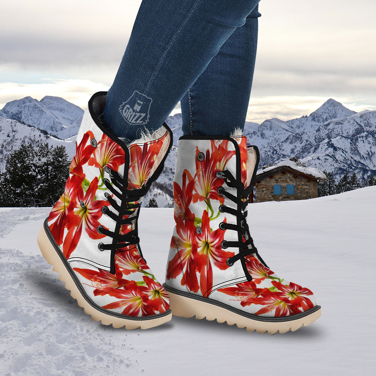 Flower Amaryllis Print Snow Boots-grizzshop