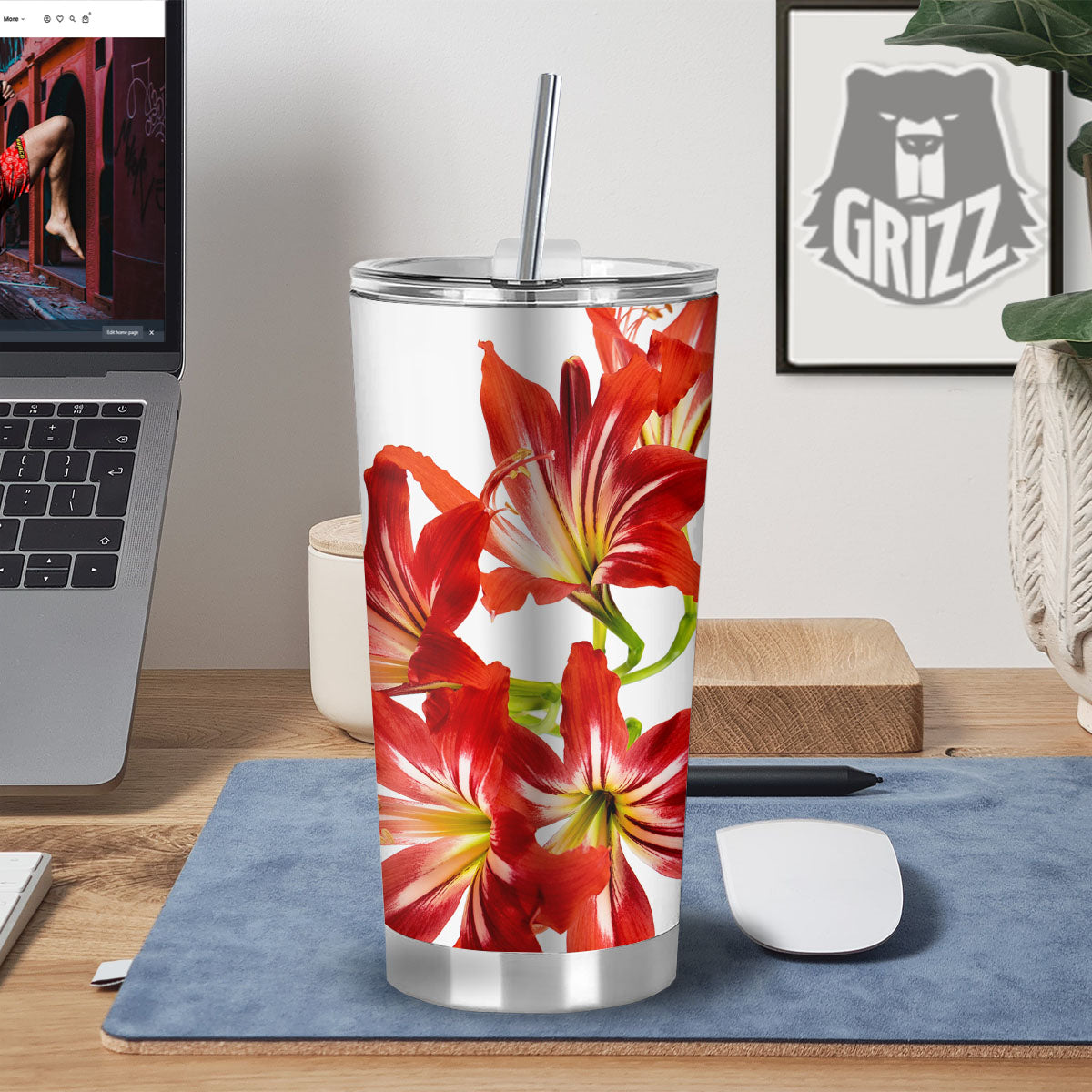 Flower Amaryllis Print Tumbler-grizzshop