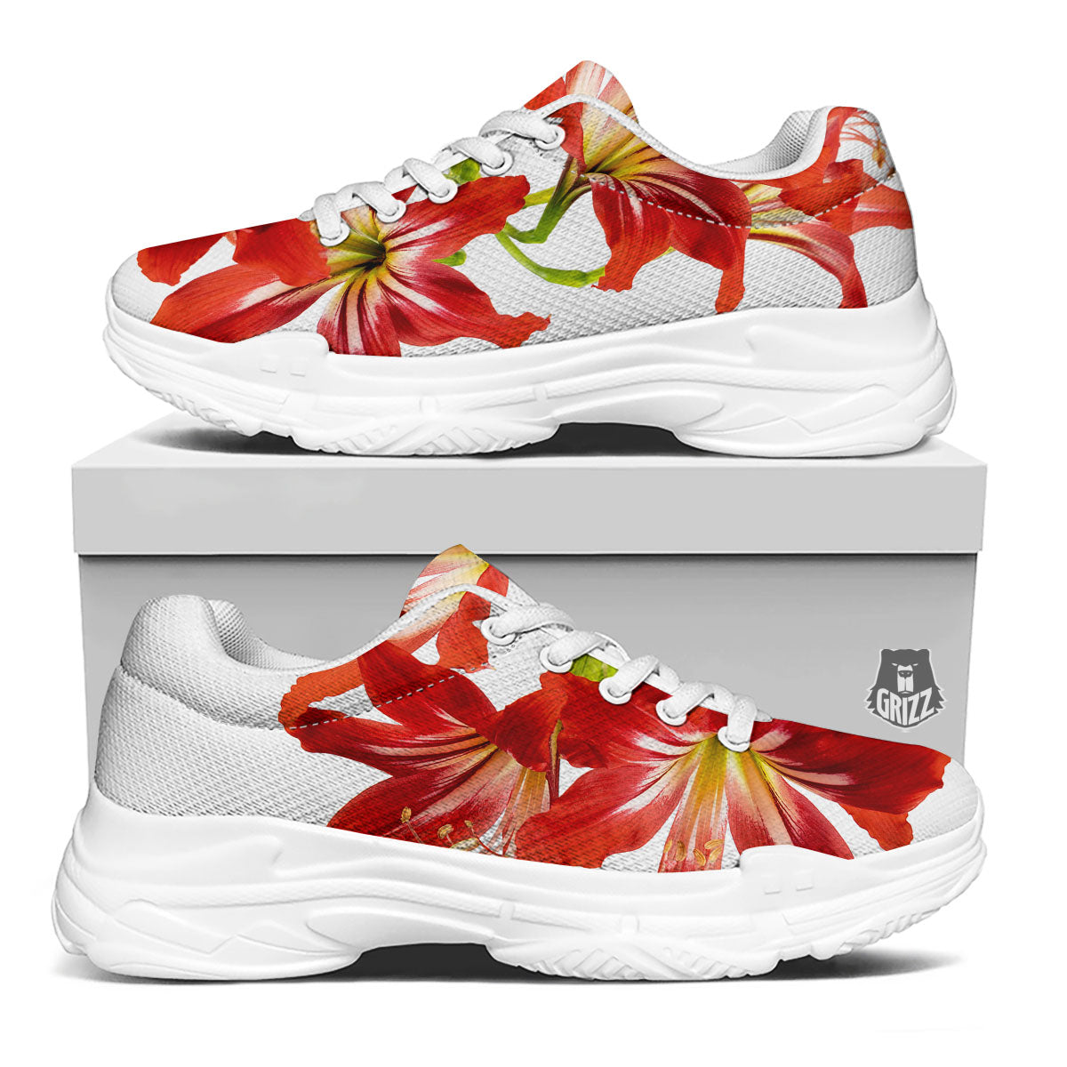 Flower Amaryllis Print White Chunky Shoes-grizzshop