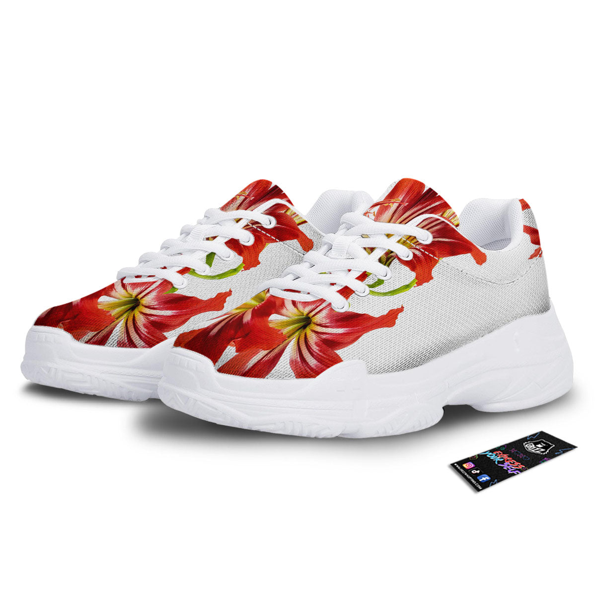 Flower Amaryllis Print White Chunky Shoes-grizzshop