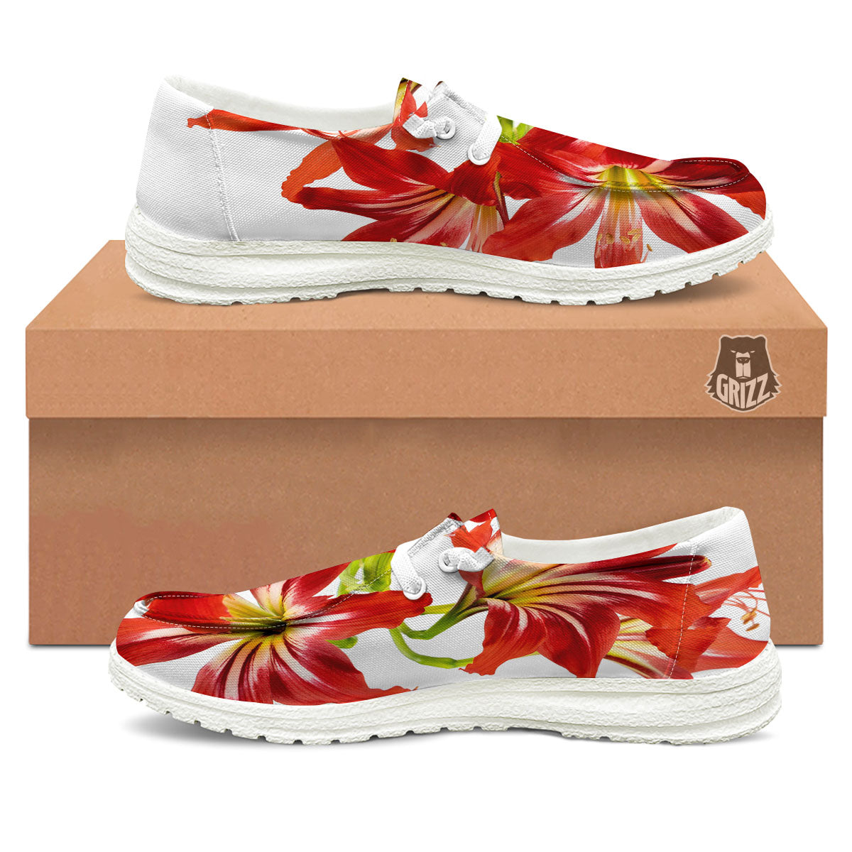 Flower Amaryllis Print White Loafers-grizzshop