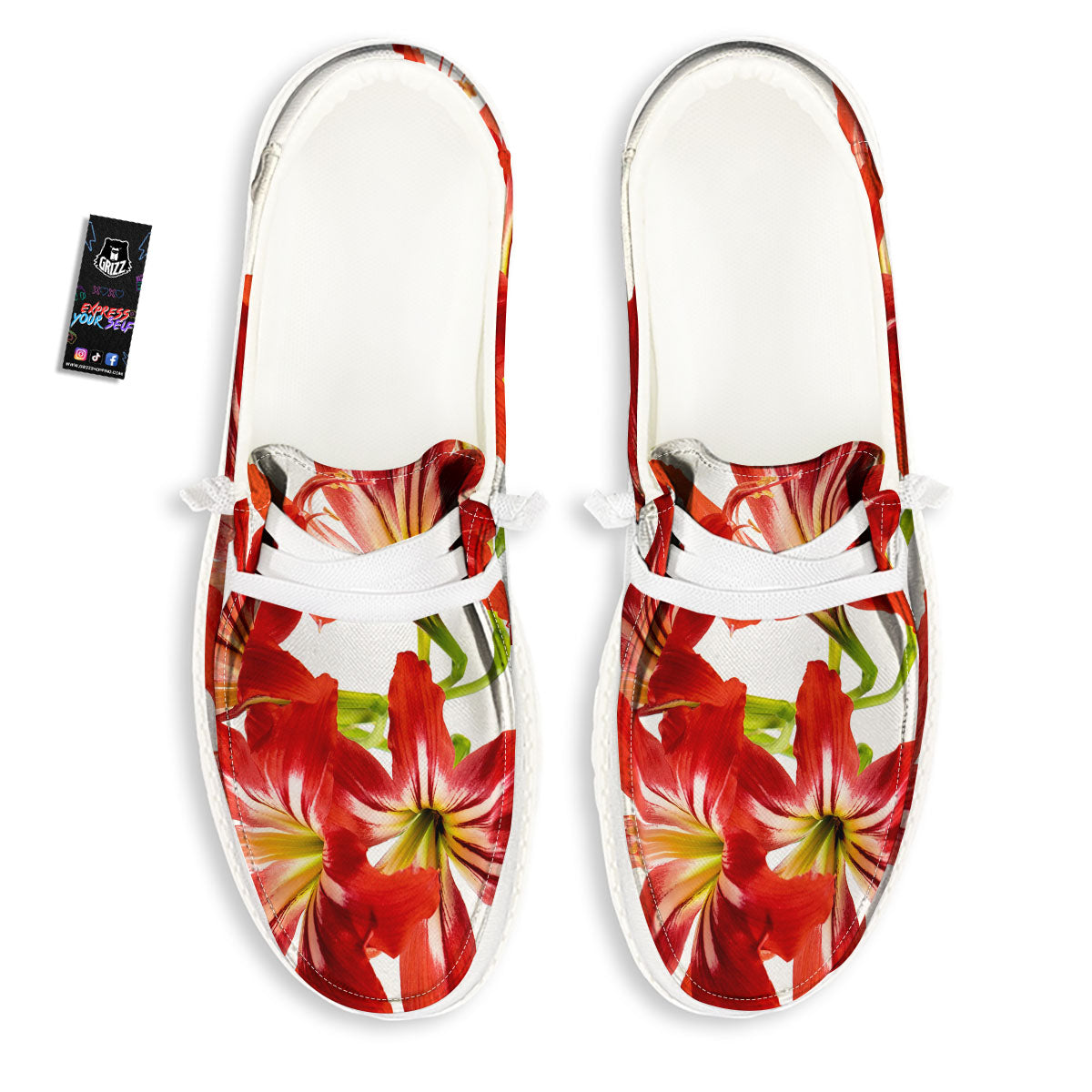 Flower Amaryllis Print White Loafers-grizzshop