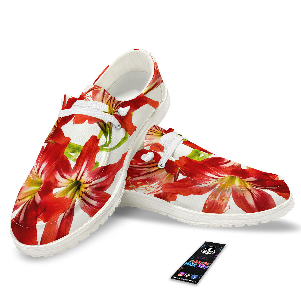 Flower Amaryllis Print White Loafers-grizzshop