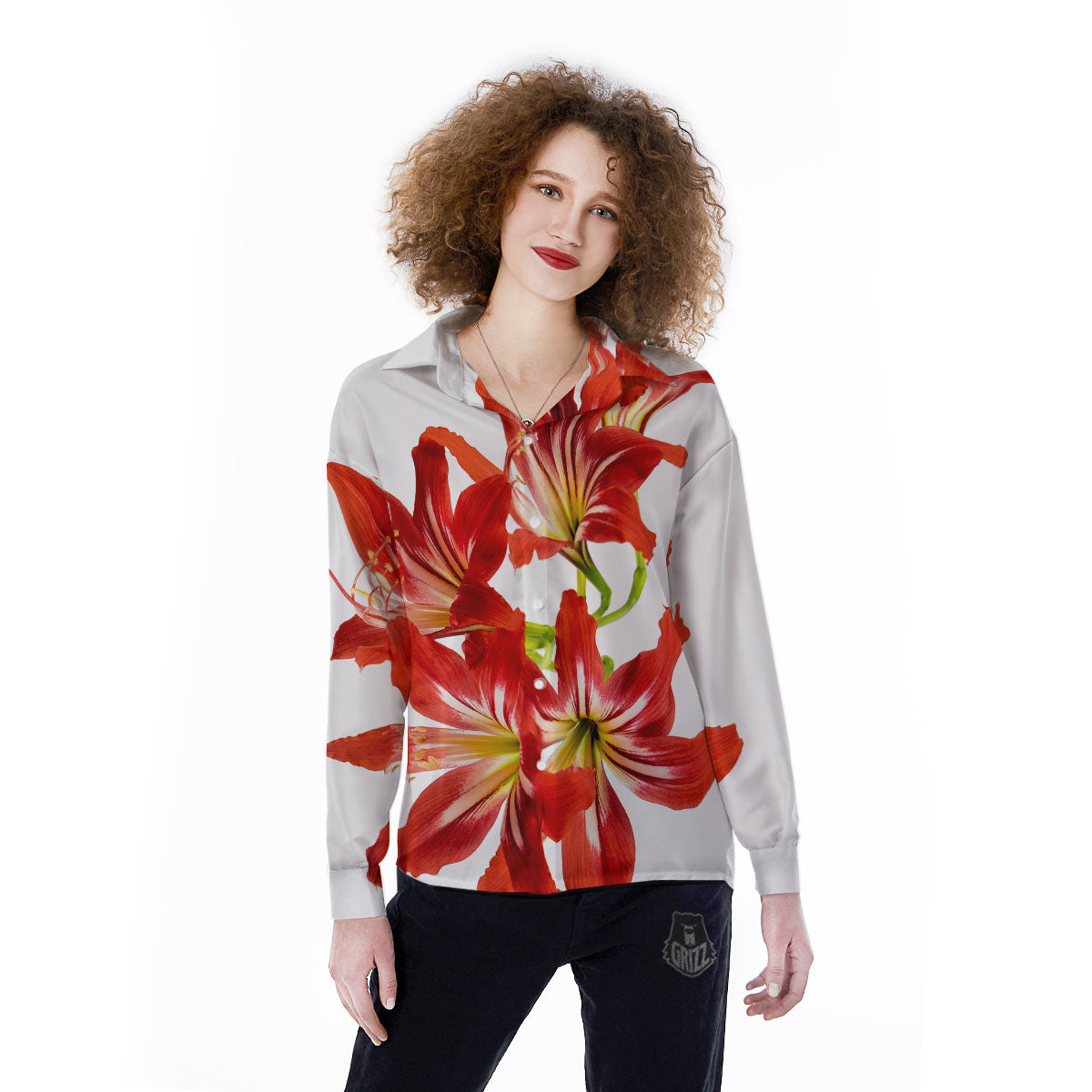Flower Amaryllis Print Women's Long Sleeve Shirts-grizzshop