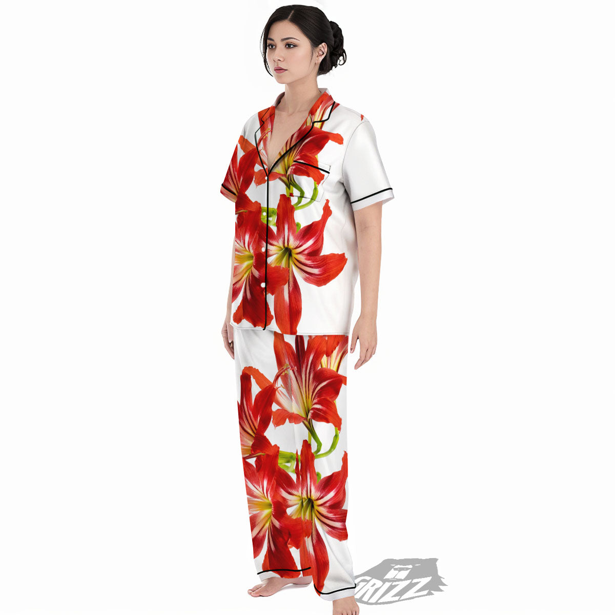 Flower Amaryllis Print Women's Pajamas Set-grizzshop