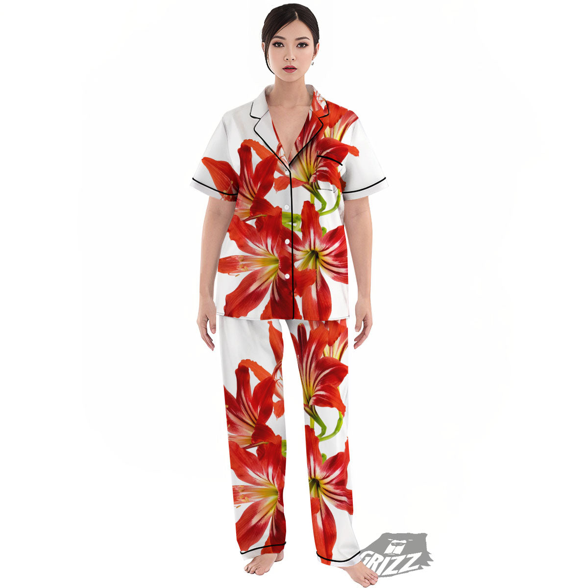 Flower Amaryllis Print Women's Pajamas Set-grizzshop