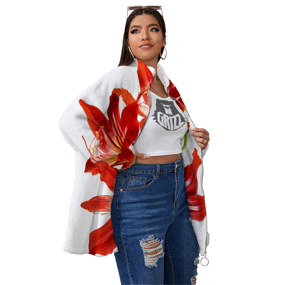 Flower Amaryllis Print Women's Sherpa Jacket-grizzshop