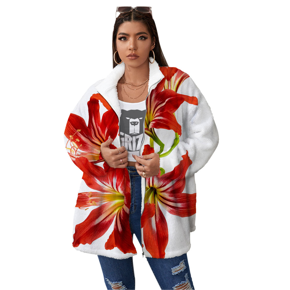 Flower Amaryllis Print Women's Sherpa Jacket-grizzshop
