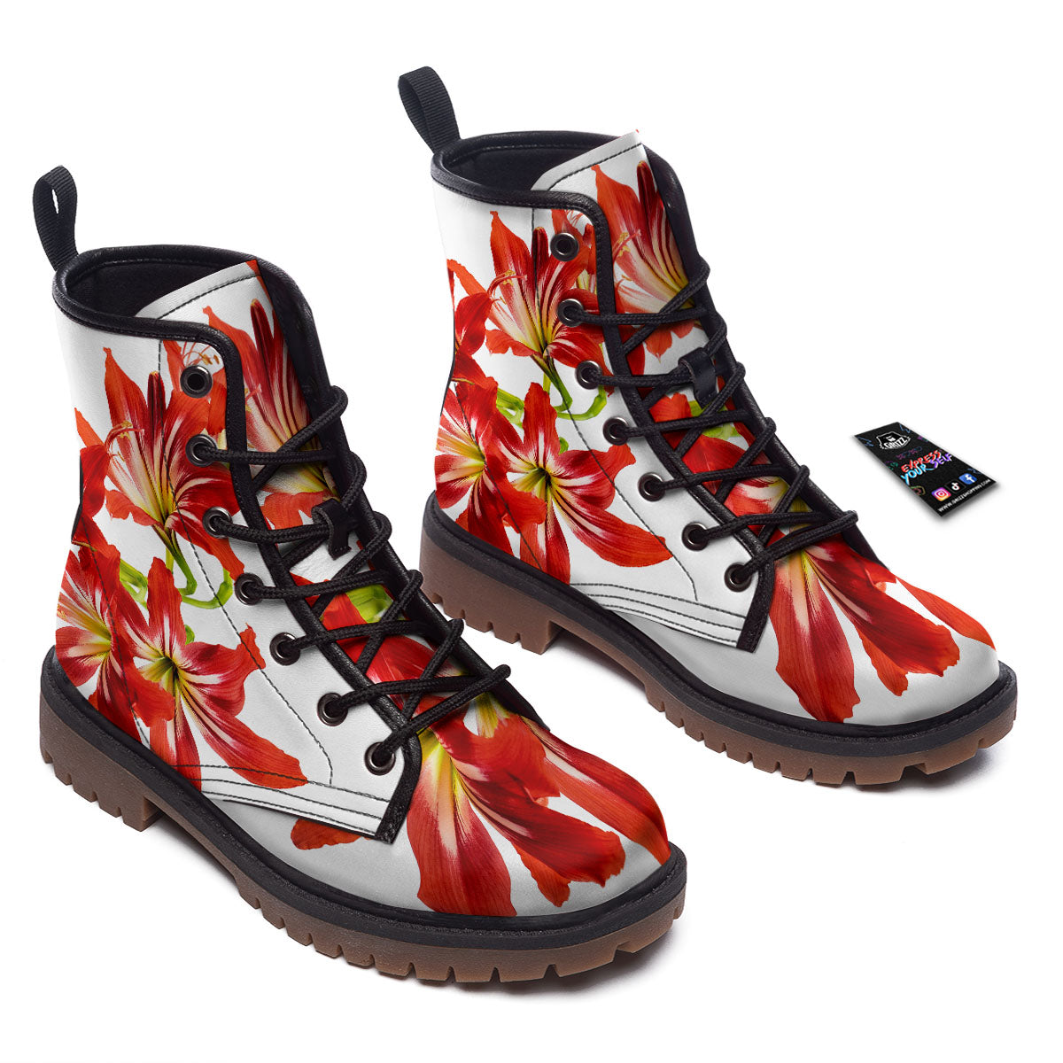 Flower Amaryllis Print Work Boots-grizzshop
