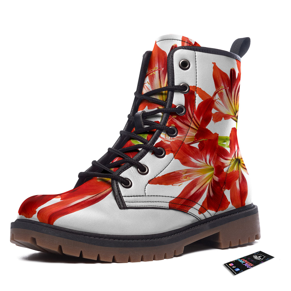 Flower Amaryllis Print Work Boots-grizzshop