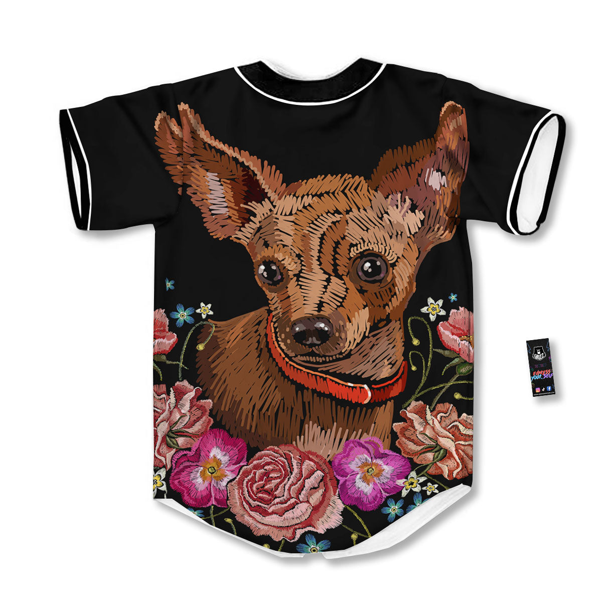 Flower And Chihuahua Embroidery Print Baseball Jersey-grizzshop
