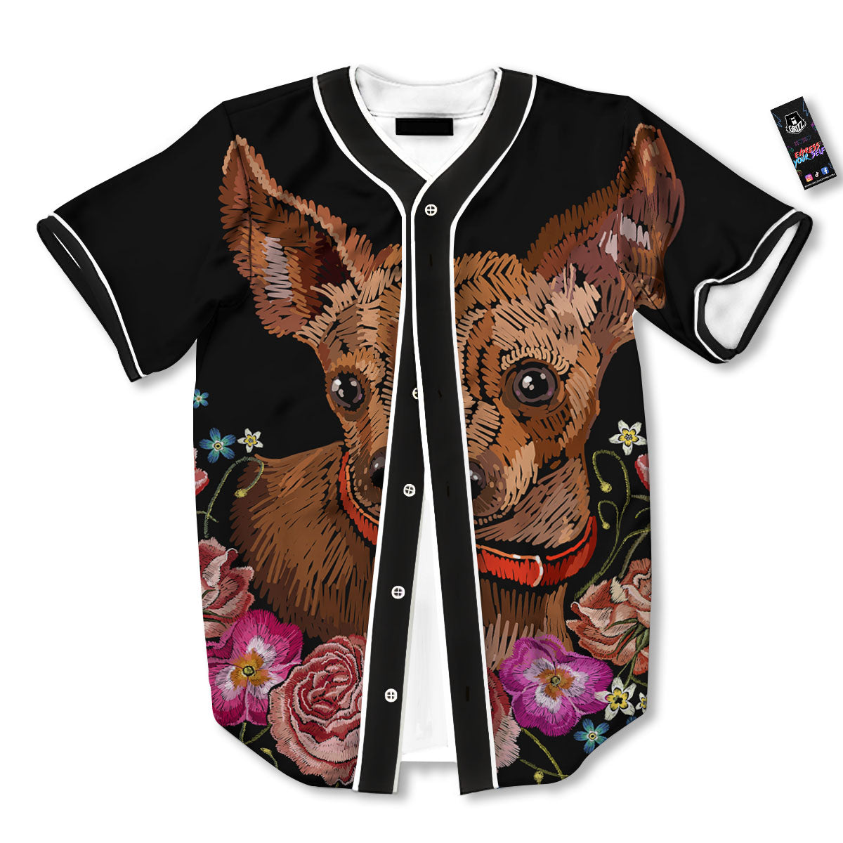 Flower And Chihuahua Embroidery Print Baseball Jersey-grizzshop